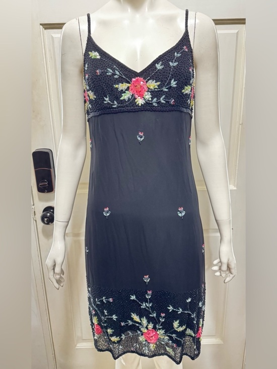 Cache Dresses & Skirts - Vintage CACHE Black Midi Slip FORMAL Pink Floral Embroidery dress Sz 8 A